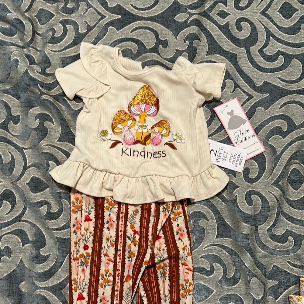 Cream shirt with brown fall color pants - Kindess Print with three mushrooms